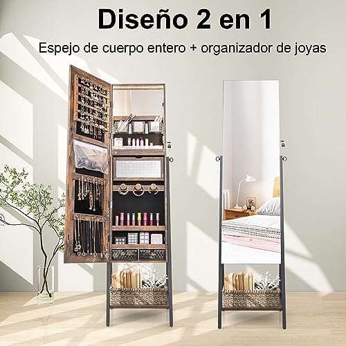 Miniatura 5 de Costway Espejo Joyero De Pie, Armario Organizador De Joyas Con Cerradura Y Espejo De Cuerpo Entero, Luces Led De 3 Colores, Estante Inferior, Marco De Metal, Armario Joyero Con Espejo Marrón