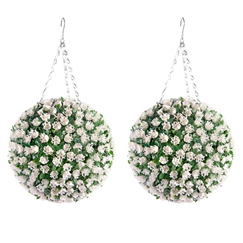 Best Artificial Pair of 28cm White Ivory Rose Flower Topiary Hanging Balls **UV Fade Protected**