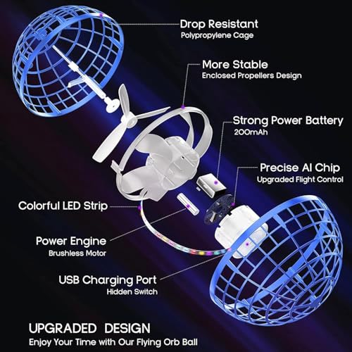 Image of Drumstone TopRated 𝟏𝟓𝐘𝐫 𝐖𝐚𝐫𝐫𝐚𝐧𝐭𝐲 Flying Orb Ball Toy for Kids - Hand-Controlled Boomerang Spinner with RGB LED Lights, USB Rechargeable & Lightweight Design for Indoor Fun
