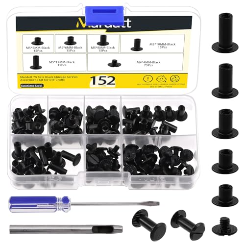 Image of Mardatt 152Pcs 5 Sizes Chicago Screws with Punch and Screwdriver, M5 x 5/6/8/10/12MM Carbon Steel Chicago Rivet Chicago Binding Screw Flat Head Leather Rivet for DIY Leather Repair(Black)