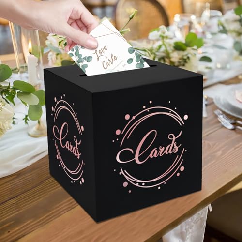 Image of 1 Pack Black and Rose Gold Foil Card Box for Party, 8.7 inch Black Gift Card Box Money Box for Birthday, Wedding, Baby Shower, Retirement, Anniversary, Bridal Shower, Raffle Ticket