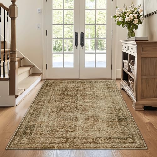 FMFUNCTEX 4x5 Washable Area Rug Neutral Vintage Brown Non Slip Low Pile Traditional Indoor Carpet for Entryway Living Room Bedroom Soft Retro Floral Mat Throw Rug for Dining Office Kitchen Entryway