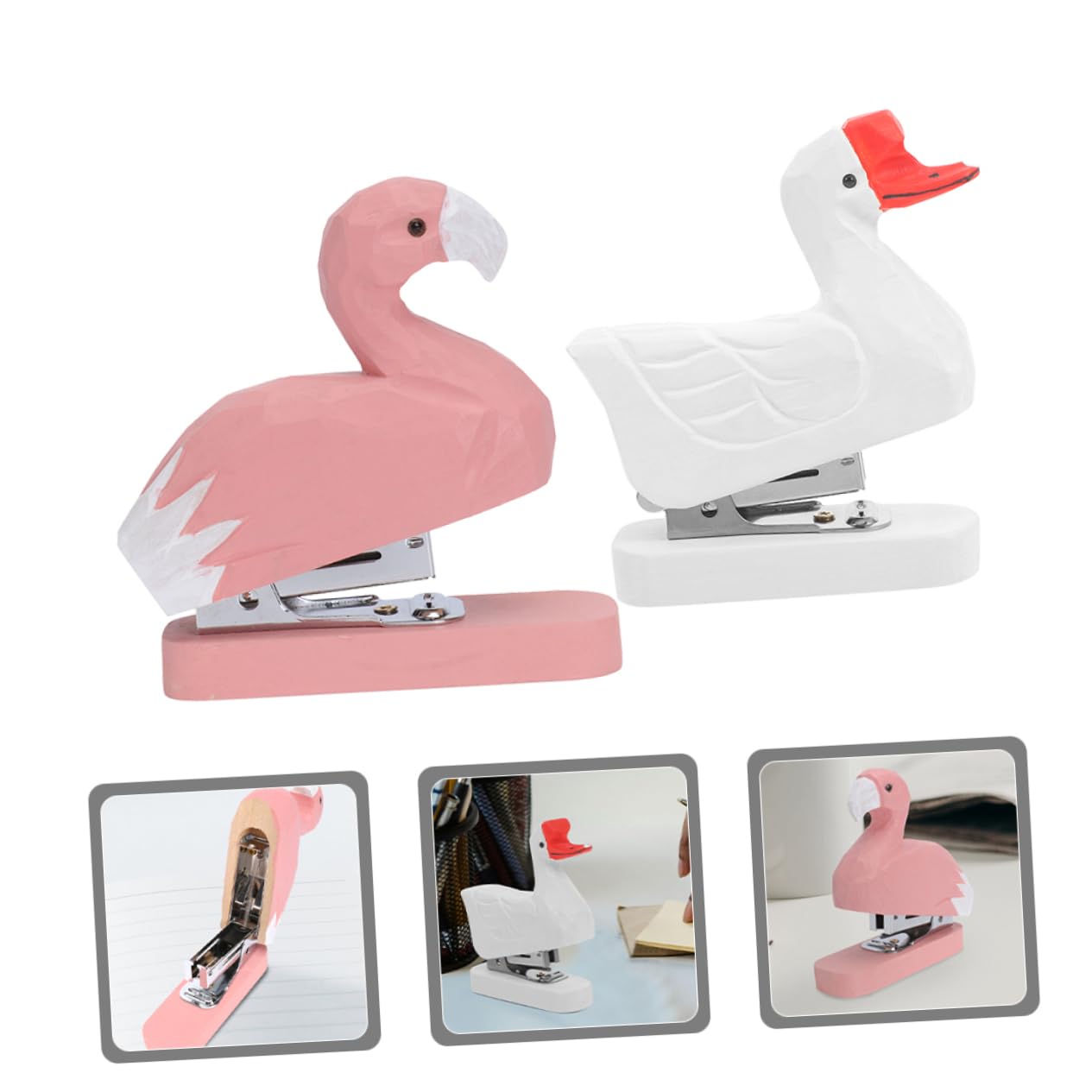 8 Pièces Agrafeuse Pour Animaux Agrafeuse De Bureau Accessoires Flamant Rose Sculpture D'une Statue D'animal Mini Sculpture D'oie Drôle Drôle En Bois NUOBESTY