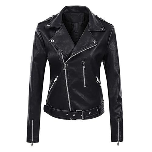 Chaquetas de motocicleta de piel sintética para mujer, cuello de muesca corto, abrigo de motociclista, ropa casual con bolsillos, Negro, XL