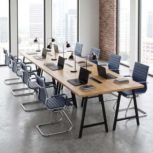 Image of HNY Leather Office Guest Chairs & Reception Chairs Set of 8, Modern Waiting Room Chairs with Arms, Desk Chair no Wheels with Sled Base for Waiting Room /Conference Room, Navy
