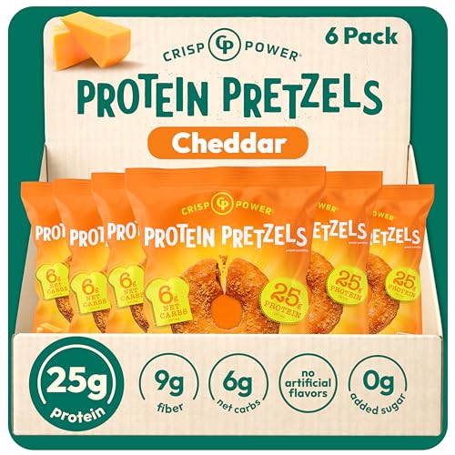 CRISP POWER Protein Pretzels NEW Cheddar 25G Protein High Protein Snack High Fiber Low Carb Crunchy Pretzel Snacks No Added Sugar 1.75 oz Bags 6 Pack Vegan Keto