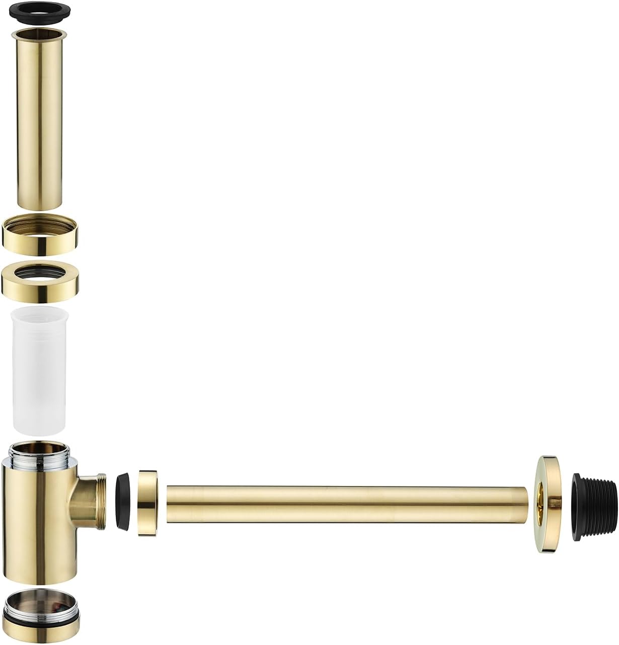 Bathroom Brass Contemporary Round Bottle P Trap 1-1/4, Lavatory Adjustable Basin Sink Waste Drain P-Trap Kit, General US Standard, Brushed Nickel Gold