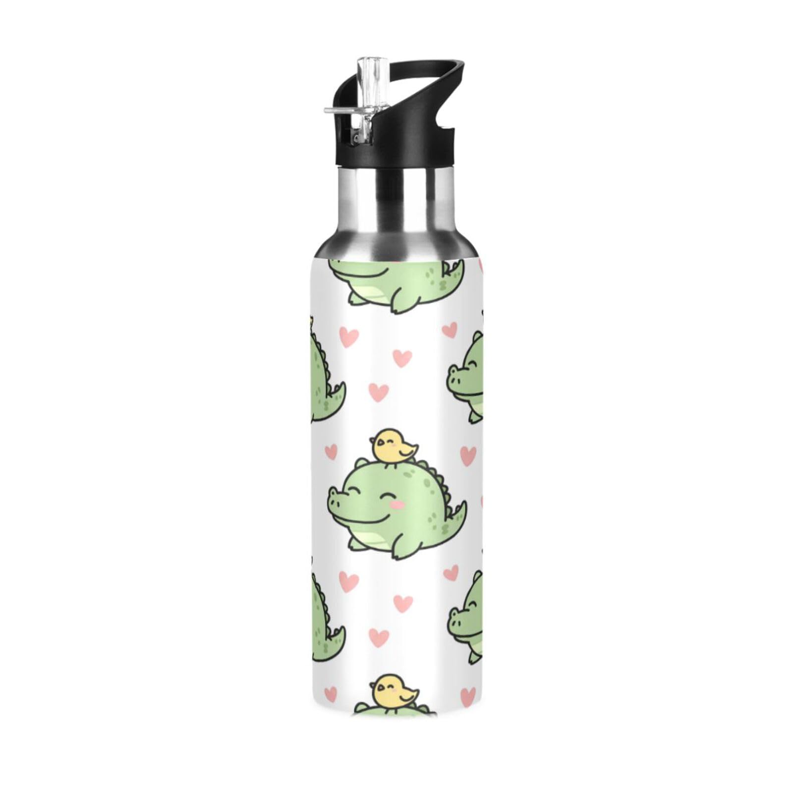 BOESI Chick Crocodile Pattern Insulated Water Bottle 600ml, Stainless Steel Vacuum Sports Bottle with Straw, Leak Proof Thermal Bottle for Gym Travel Outdoor