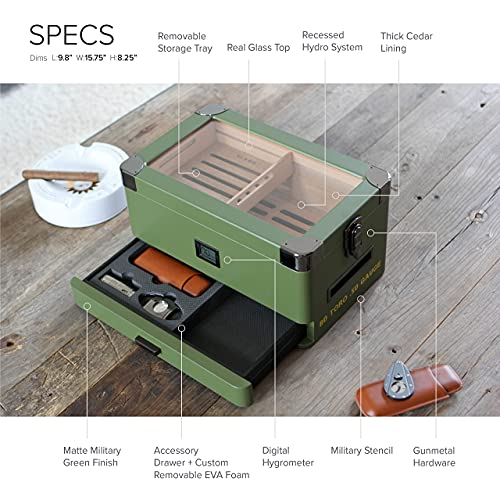 Military Glass Top Humidor Matte Green With Front Digital Hygrometer With Lighter, Cutter And Travel Case #TOP2