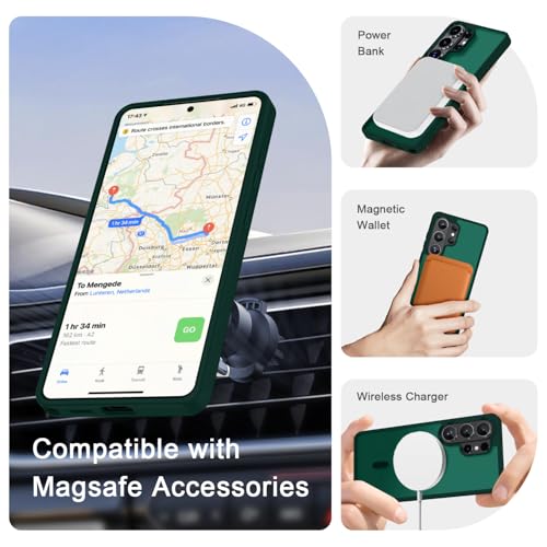 Image of YENAPOON for Samsung Galaxy S26 Ultra Case, Matte Magnetic Phone Cover [with 1 Screen Protector] [Support for MagSafe] [Shockproof Military Grade Protection] Translucent Frosted Back, Dark Green