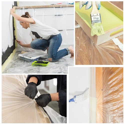 Image of 4 Rolls Painters Plastic with Tape, 3.6Ft x 65Ft Pre-Taped Masking Paper for Painting Automotive Masking Film Paint Adhesive Protective Film Roll for Painting Covering Walls Windows Auto Body