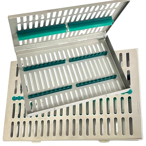 Veterinary Instruments Sterilization Tray with Silicone Inserts Removable (Green) - Fits 20 Instruments - Size 11in x 7in x 1.25in - German Steel CE