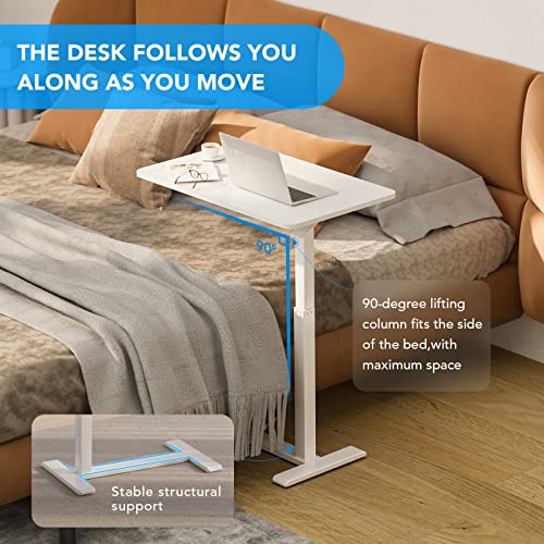 Flexispot Medical Adjustable Overbed Bedside Table With Wheels Pneumatic Mobile Standing Desk Laptop Desk Rolling Computer Cart Movable Overbed Table Hospital Home Use(27.6" W X 15.7" D, White Table) #TOP2