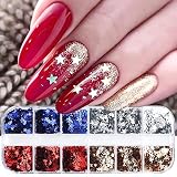 12 Grids 3D Star Nail Glitter Sequins Holographic 4th of July Nail Art Stickers Decals Red Blue Sliv
