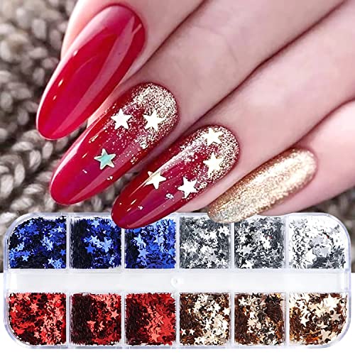 12 Grids 3D Star Nail Glitter Sequins Holographic 4Th Of July Nail Art Stickers Decals Red Blue Sliver Gold Star Nail Art Glitter Flakes Patriotic Nail Designs Star Glitter For Nail Art Decoration #TOP24