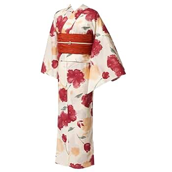 Amazon | [dear-japan]浴衣 LLサイズ 水彩画風 クリーム色 赤 花