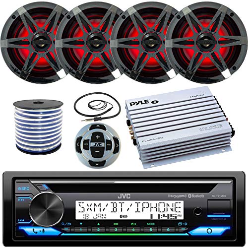 Single Din Marine Stereo Receiver Bundle Combo With Remote Control, 4X Enrock 6.5" Marine Rgb Led Speakers With Chrome Grilles, Pyle 4 Channel 400W Waterproof Amplifier, Antenna, Speaker Wire #TOP29