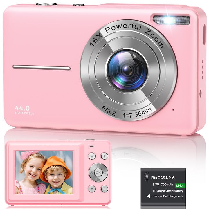 Digital Camera 1080P, 44MP FHD Compact Digital Camera, 16X Digital Zoom Portable Photo Camera with 2.4' LCD Screen, 1 Battery, Vlogging Camera for Kids, Beginners, Teens, Students-Pink (No SD Card)