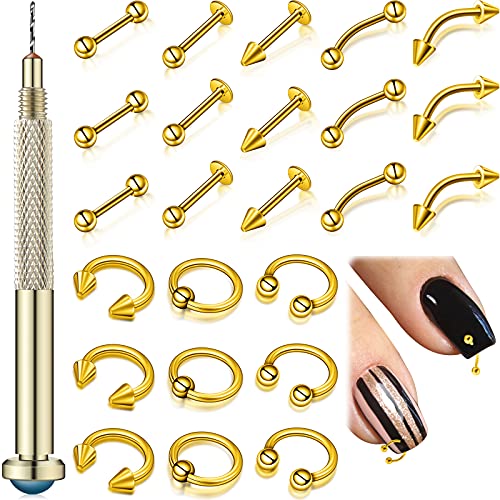 25 Pieces Nail Art Dangle Charms with Nail Piercing Tool Hand Drill, Nail Jewelry Rings Nail Charms Pierced Nail Art Supplies for Tips, Acrylic, Gels Decorations (Gold)