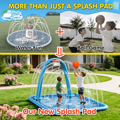 Instraella Splash Pad, 110x91\'\' 2-in-1 Large Sprinkler Mat with Basketball Hoop and Arch for Kids Outdoor Play, Shoot Game for Backyard, Inflatable Water OutdoorToys More Fun for Boys and Girls - Thumbnail 2