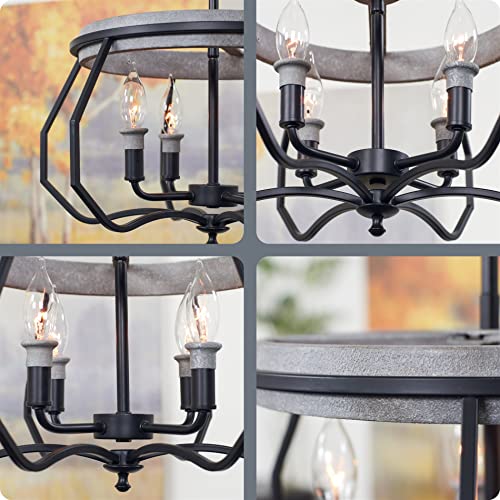 Kira Home Beckett 18" 4-Light Farmhouse Pendant Chandelier, Open Shade Design, Textured Concrete + Black Finish #TOP3