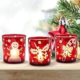 HOMMAX Weihnachten Teelichthalter, 3 er Set Windlicht Schneemann-Muster aus Glas, 7x7x8 cm Kerzenhalter,Kreatives Dekoration für Zuhause, Esstisch und Bar, Platz, Weihnachten