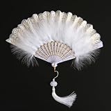 yeeplant Ventaglio pieghevole in stile retrò bianco, decorazione con piume, bordo in pizzo, osso cavo con ritagli a fantasia, nappa, per danza, matrimonio, spettacoli, feste, cerimonie del tè
