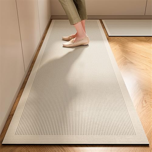 Highdi Linienmuster Küchenläufer, Saugfähig Läufer Flu Teppich Küche Flur Teppich Läufer, Waschbar Teppich Küche, rutschfest Küchenteppich,für Eingangsbereich Esszimmer (Beige,50x120cm)