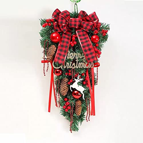 Plancholo 24'' Christmas Teardrop Swag, Artificial Swag Wreath Decoration with Christmas Ball Pine Cone Berry Buffalo Plaid Bow for Front Door Window Xmas Home Decor, Red (TeardropSWA712N53)