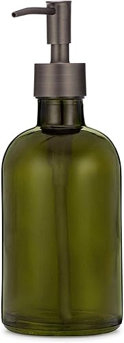 Rail19 Dispensador de jabón y loción de vidrio verde bosque con bomba de metal, 8 onzas (bronce rústico)