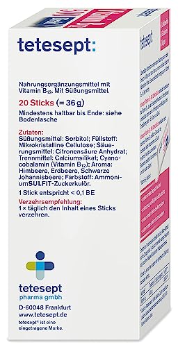 tetesept Vitamin B12 500 Direkt - 4 x 20 Direkt-Sticks - Nahrungsergänzungsmittel für den Energiestoffwechsel*, auch bei Belastung - Vitamin B12 Pulver hochdosiert zur Einnahme ohne Wasser