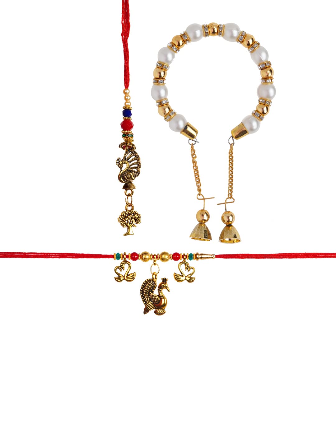 Amigo Giftz Beautiful Mor Pair Rakhi, Lumbi, And Kada For Bhaiya Bhabhi And Daughter With Cute Small Roli Chawal Glass Bottle | Designer Rakhi