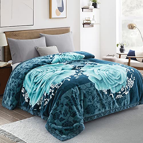 Marina Decoration Reversible 8 Lb Oversized Heavy Woven Fluffy Plush Soft Warm Korean Style Mink 2 Ply Printed Floral Flannel Fleece Throw Raschel Blanket, 78 X 86 Inch Red Peony Turquoise Rose #TOP2