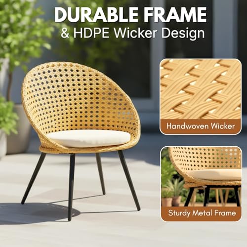Image of DEVOKO Furniture 3-Piece Indoor Outdoor Bistro Set -Finish with Rattan & Wicker Chairs and Glass Top Center Table (Beige & Off-White)
