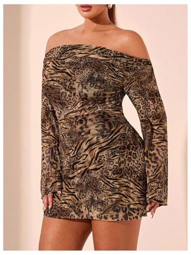 Image of SOLY HUX Women's Plus Size Off The Shoulder Tie Dye Mini Dress Flared Long Sleeve Bodycon Party Dress