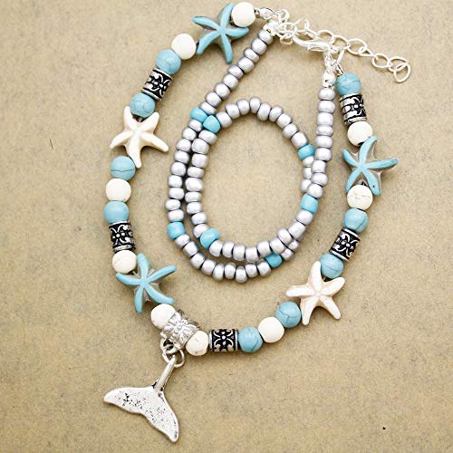 Image of Softones Blue Starfish Turtle Anklet Multilayer Charm Beads Sea Handmade Boho Anklet Foot Jewelry for Women