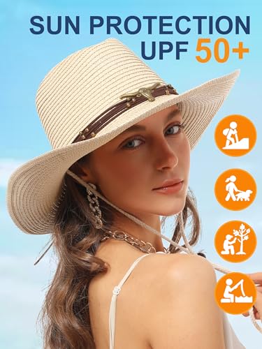 Image of Straw Cowboy Sun Hat Western Cowgirl Women Men with Windproof Chin Strap
