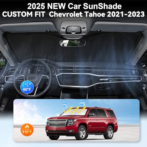 for Chevy Tahoe Windshield Sun Shade Foldable Sunshade-Custom Fit 2015-2020 Tahoe SUV Accessories for Chevrolet Windshield Cover 210T Reflective Front Window Protector Blocks UV Rays Sun Visor