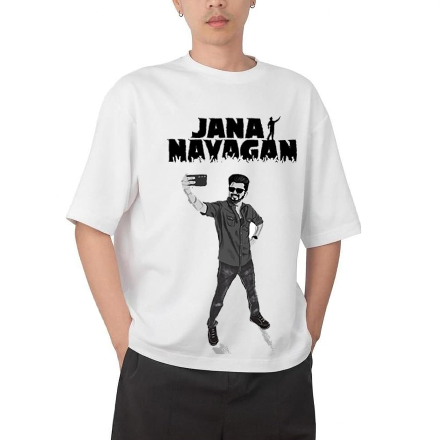 AROA Tshirt Jana Nayagan Thalapathy Selfi Model : 070 Men Cotton Printed Oversized/dropshoulder/Round Neck White Tshirt for Men Women Unisex-picture-10