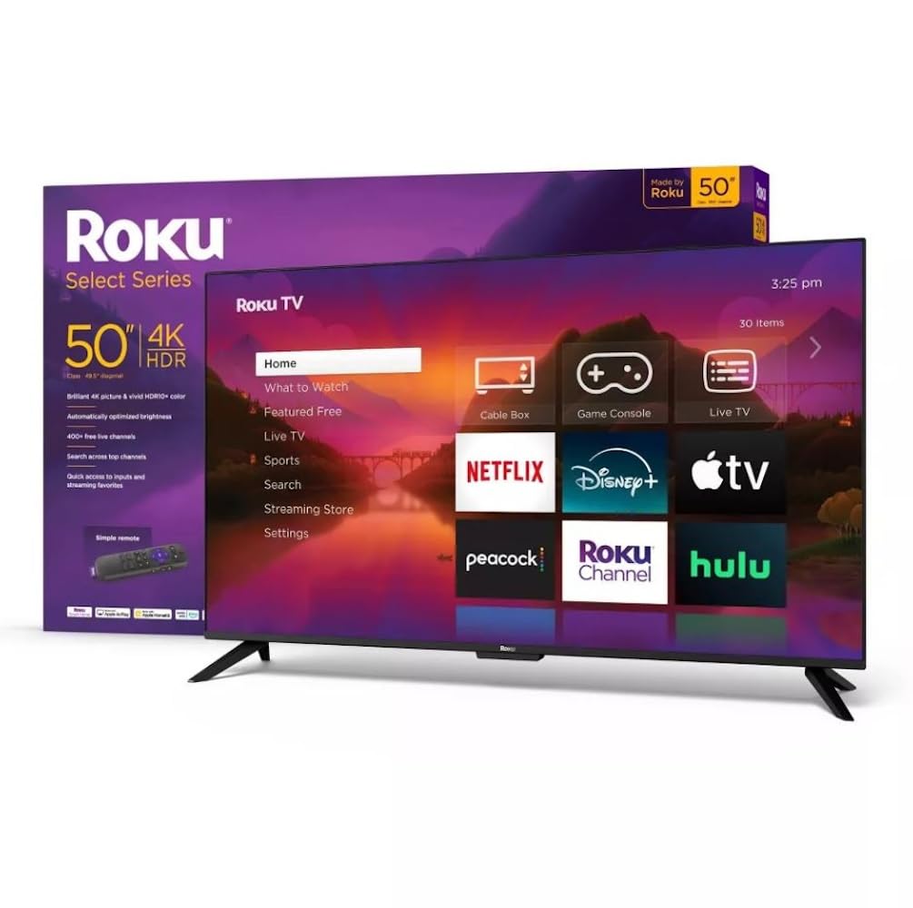 Roku 50" Select Series 4K HDR Smart TV TV Remote, 60Hz, HLG, HDR10+, Google Assistant & Amazon Alexa Compatible - 50R4C4 (Renewed)