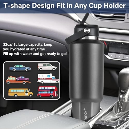 Image of HYDROWION 40 oz Insulated Water Bottle, Car Water Bottle Holder - Double Wall Vacuum Insulated Travel Bottle with Straw Lid, Spout Lid and Flex Cap - Cold for 24H, Hot for 12H, Black - Grey