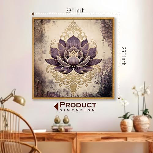 Image of PAINTINGMANTRA Multicolor Abstract Stretched Canvas Framed Painting Wall Art for Living Room Bedroom Office Cafe Beige Purple Gold Lotus Indian Folk Framed Canvas Wall Decor Painting Frame (58x58 cm)