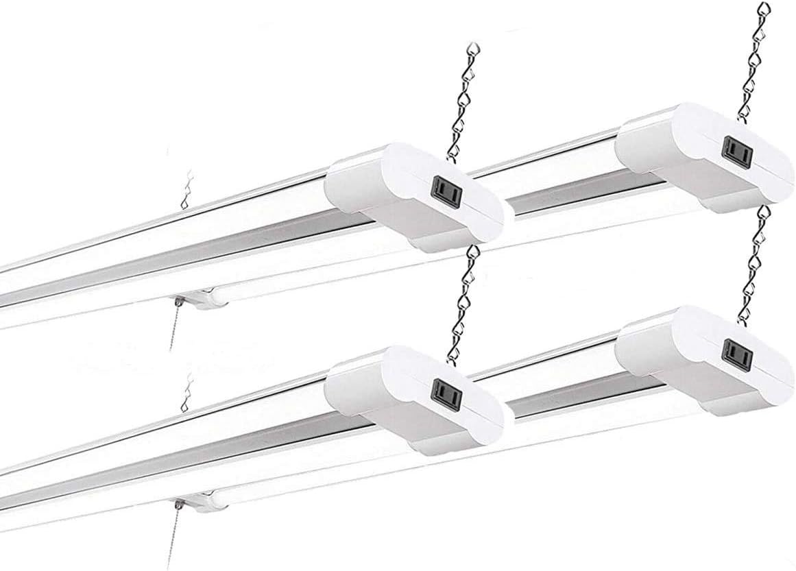 40w LED 4800 Lumen Double Tubes Utility Shop Light 5000K Daylight UL 100w Equivalent Pull on/Off Switch. Garage, Warehouse, Workshop Linkable to 10 (4 Pack)
