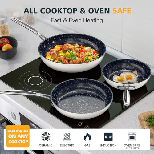 Image of Nuwave 3-Piece 8 inch, 10 inch, 12 inch Forged Lightweight Frying Pan Set | G10 Healthy Duralon Blue Ceramic Ultra Non-Stick, Ergonomic Stay-Cool Handles, Induction-Ready & Works on All Cooktops
