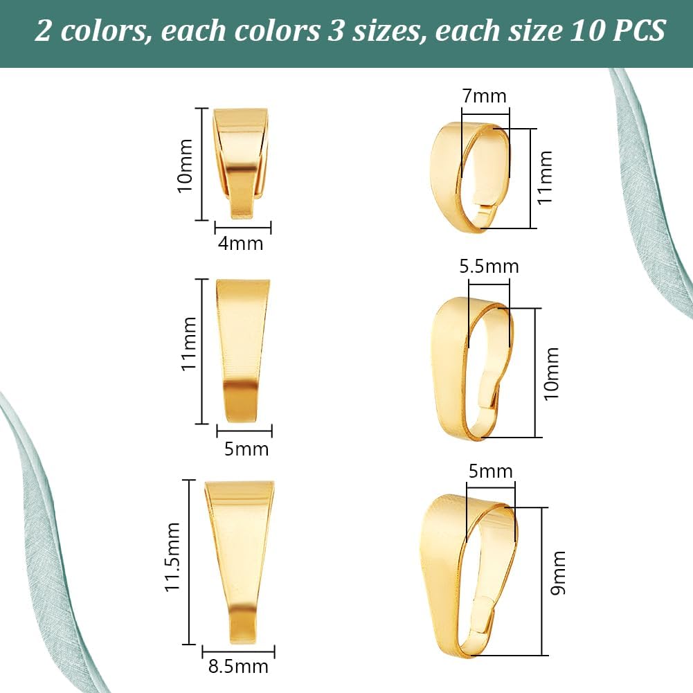 PH PandaHall 60pcs Pendant Clasp 24K Gold and Sterling Silver Plated Charm Connectors 3 Size Golden Pinch Bails Brass Necklace Charm Clasp Jewelry Clasps Snap on Bails for Jewelry Making