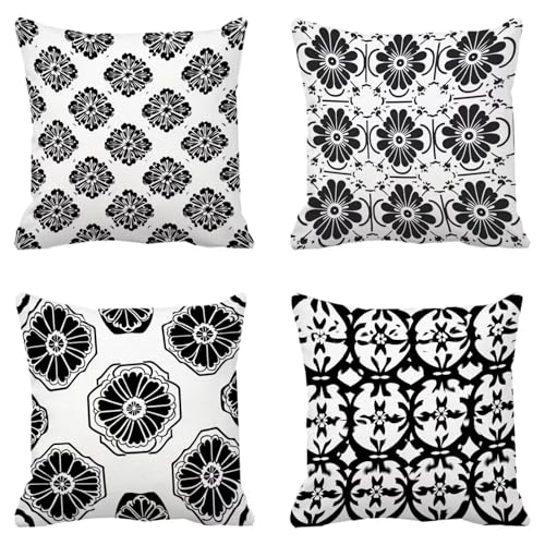 Housse de coussin 45x45 cm en lin imperméable géométrique noir et blanc - 2