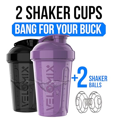 Image of VELOMIX -2 Pack- 20 oz Protein Shaker Bottles for Protein Mixes - 2x Wire Whisk | Leak Proof Shaker Cups for Protein Shakes and Pre Workout | Protein Shaker Bottle Pack (A9) Purple /Black