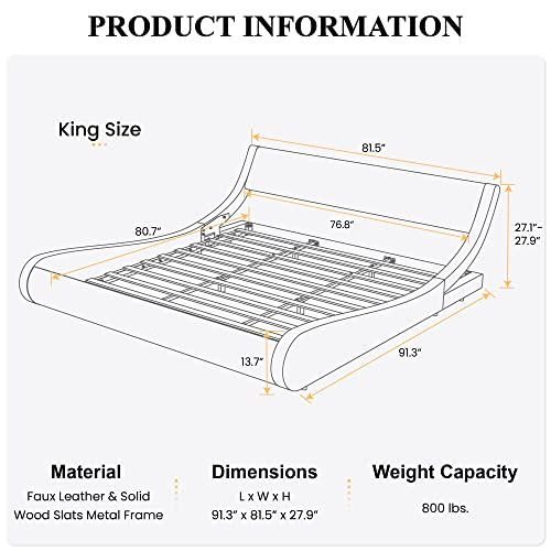 Sha Cerlin Modern Low Profile Platform Bed Frame King Size, Stylish Faux Leather Upholstered Sleigh Bed With Adjustable Headboard, No Box Spring Needed, Brown #TOP1