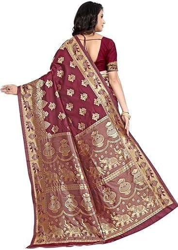 Women's Pure Soft Kanjivaram Silk Saree Banarasi Design Style With Blouse Piece for Partywear/wedding gift Diwali Gift item Indian saree Pack Of 1(Maroon)