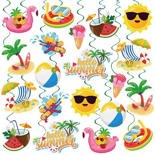 Image of 40Pcs Summer Hanging Swirls, Hello Summer Pool Beach Hanging Swirls Summer Hanging Decorations Streamers Foil Ceiling Swirls for Summer Hawaiian Luau Birthday Party Baby Shower Decor